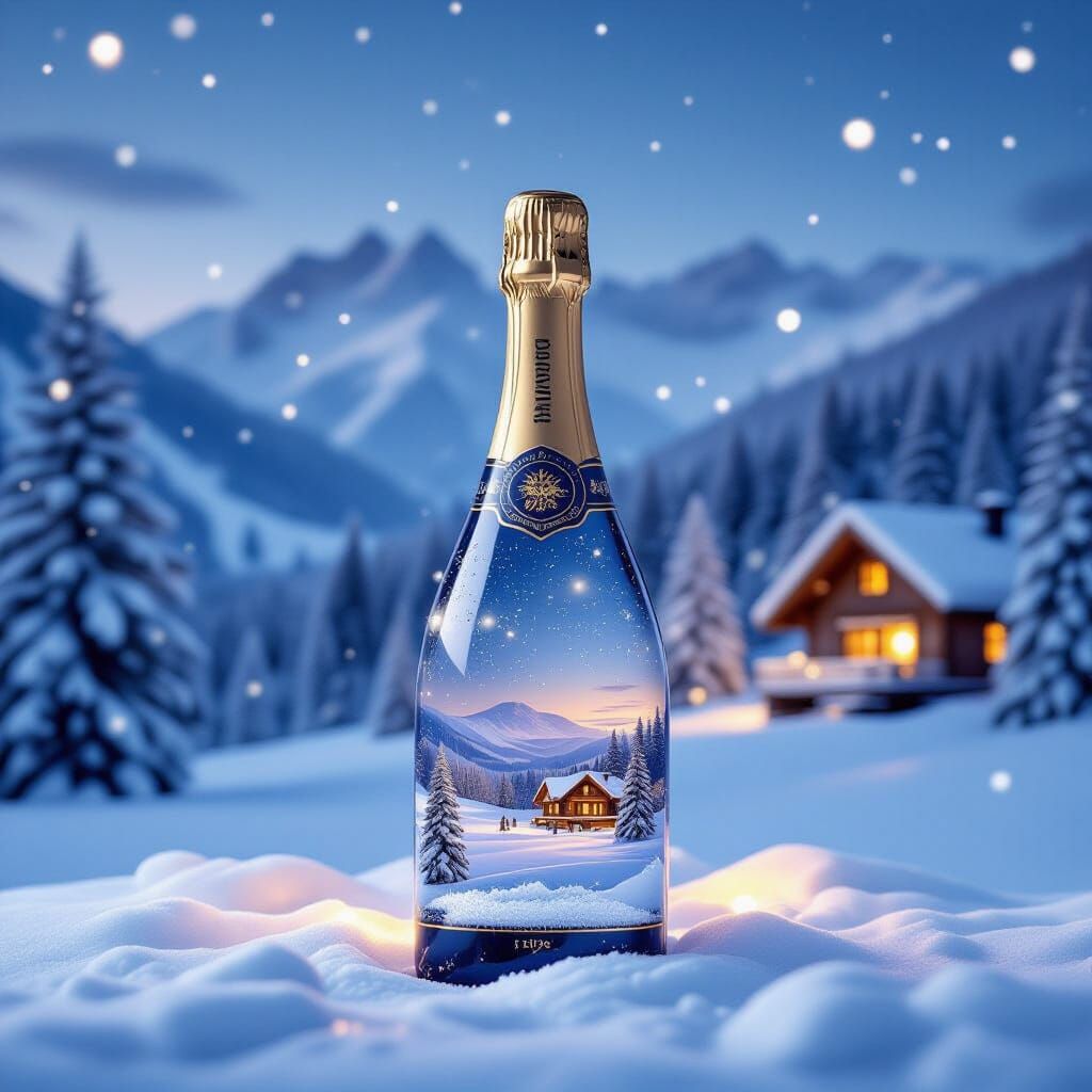 Champagne Bottle in Snowy Winter Wonderland Scene