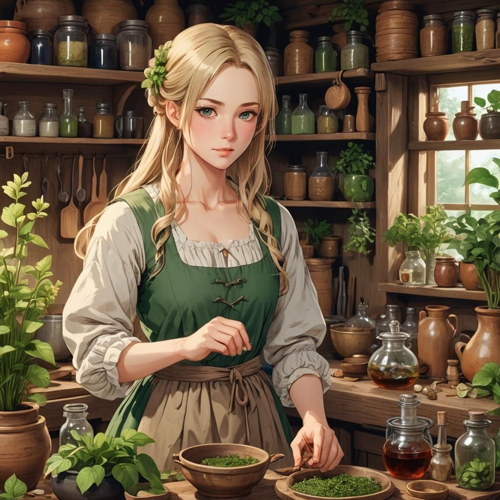 Anime Herbalist Making Potions in her Kitchen