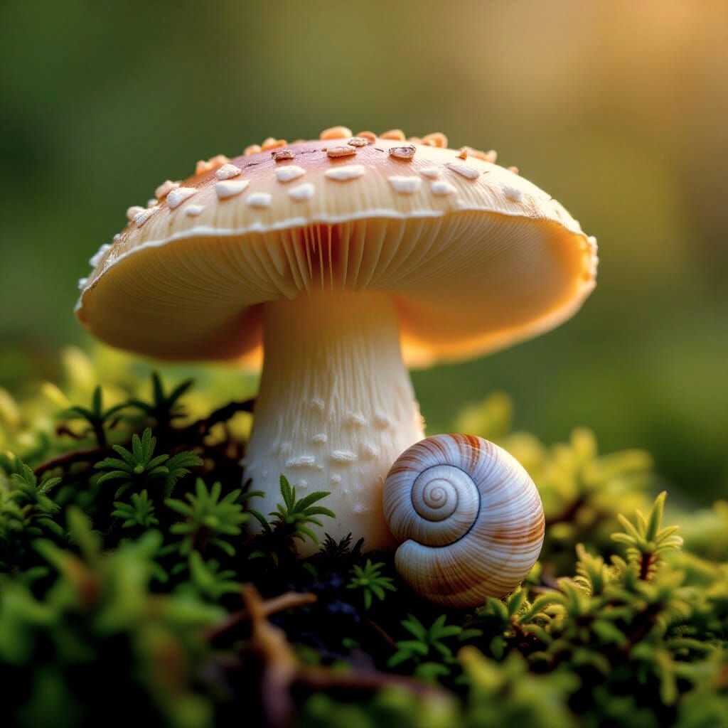 Bioluminescent Hawkwing Mushroom with Snail, Macro Photograp...