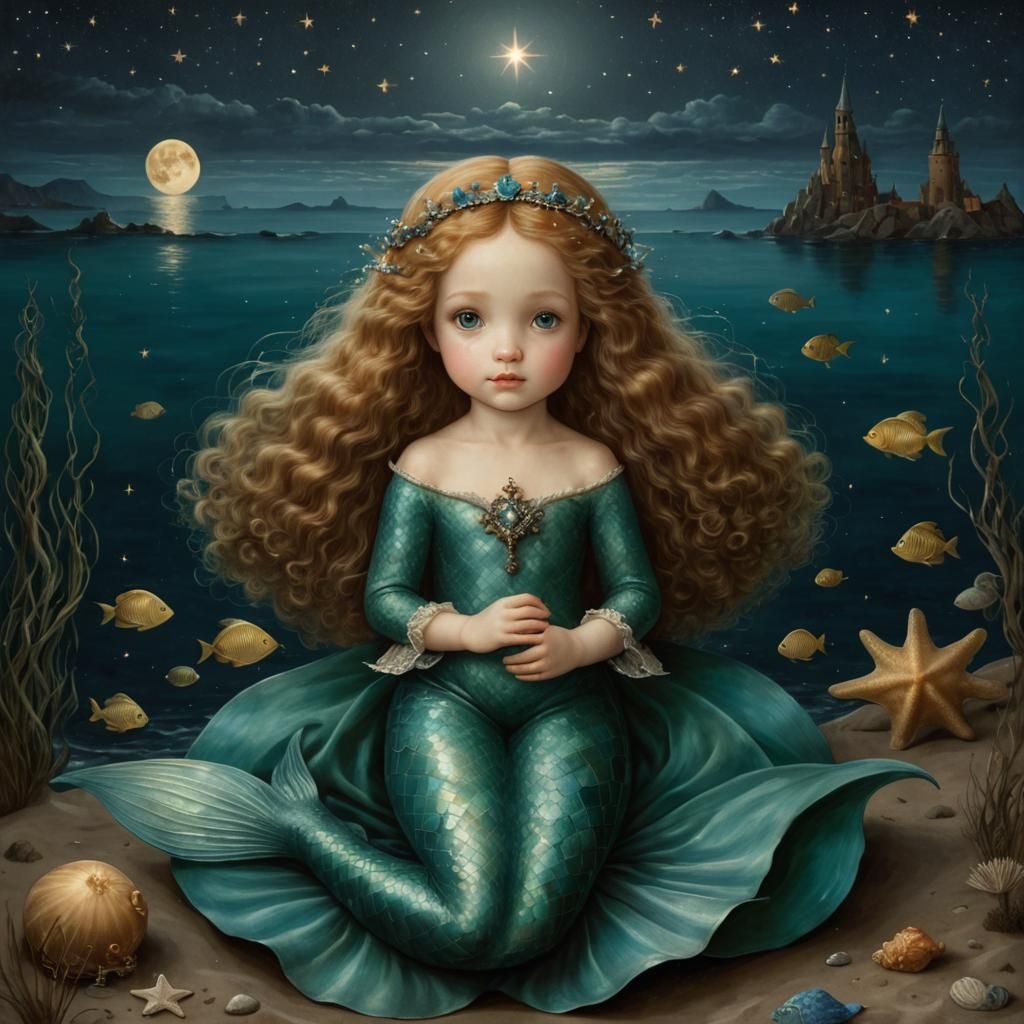 Mermaid Under Starry Sky in Van Eyck Style
