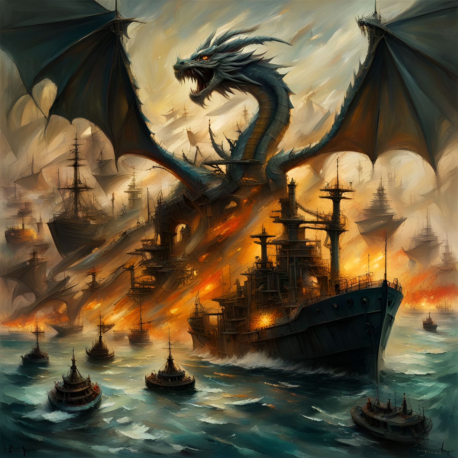 Aerial view of a Dragon attacking a fleet of ships