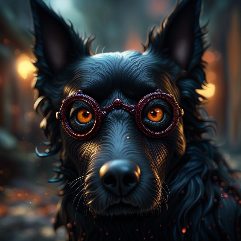 Fantastical Four-Eyed Black Dog in Detailed Matte Painting