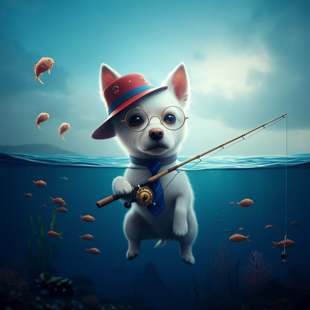 Dog Fisherman in 3D Digital Art Style