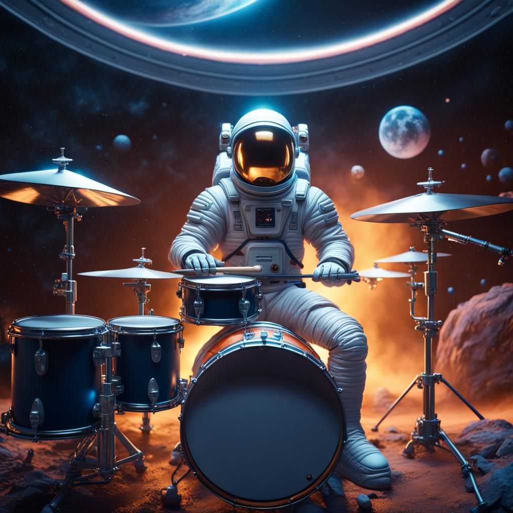 Spaceman Drumming in Space: Detailed Matte Painting