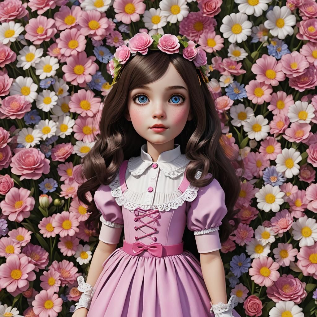 Kawaii Doll in Wonderland with Hyper-Realistic Flowers