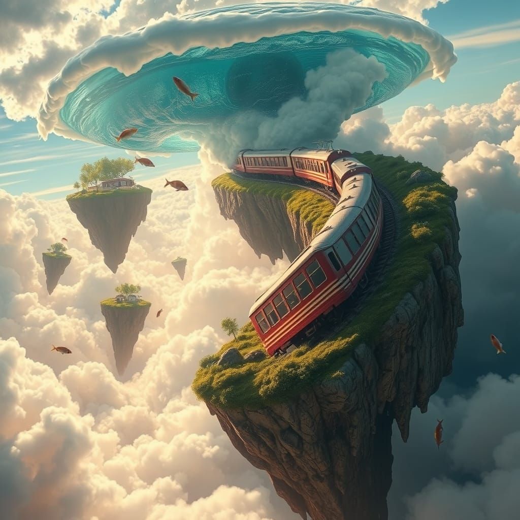Surreal Train Twists Through Cloud Islands in Vibrant, Dream...