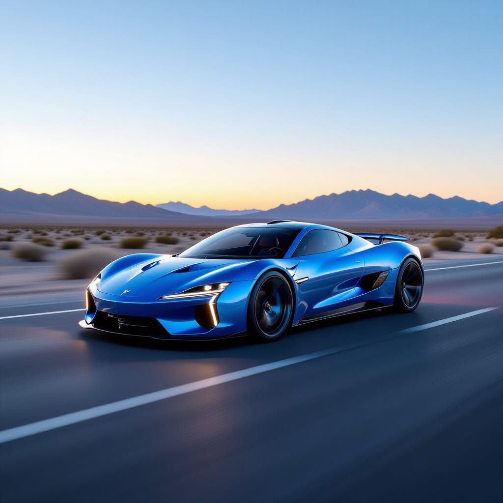 Sleek Blue Hypercar Speeds Down Desert Highway at Dawn