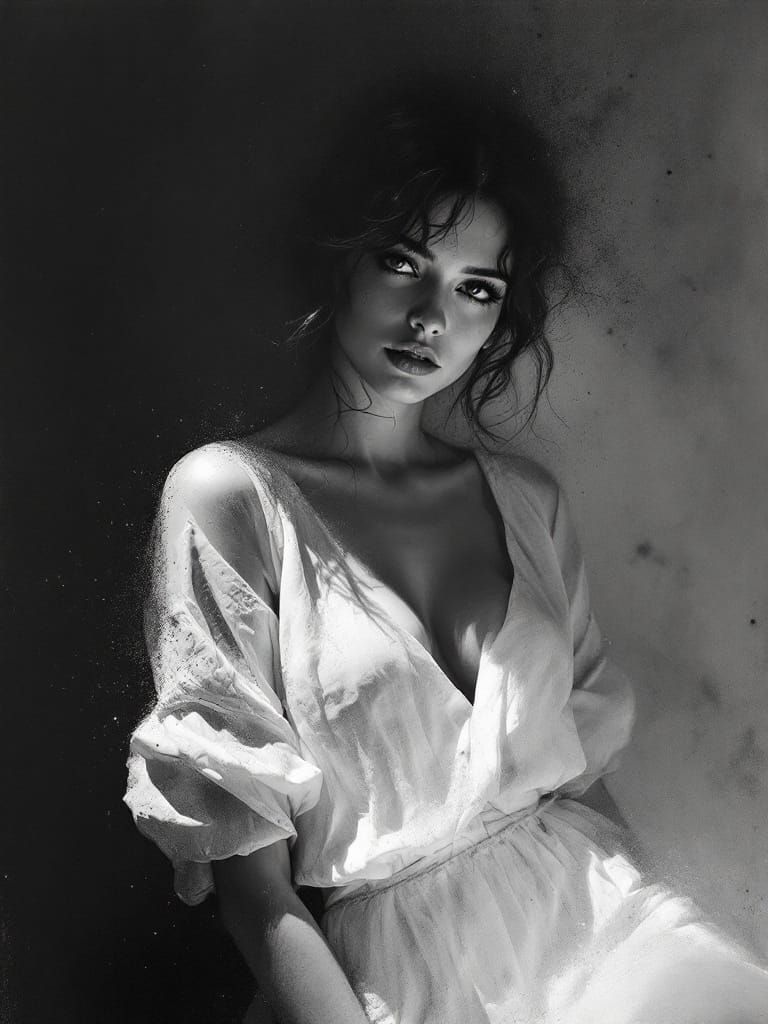 Figure in White Dress, Charcoal Pointillism Style