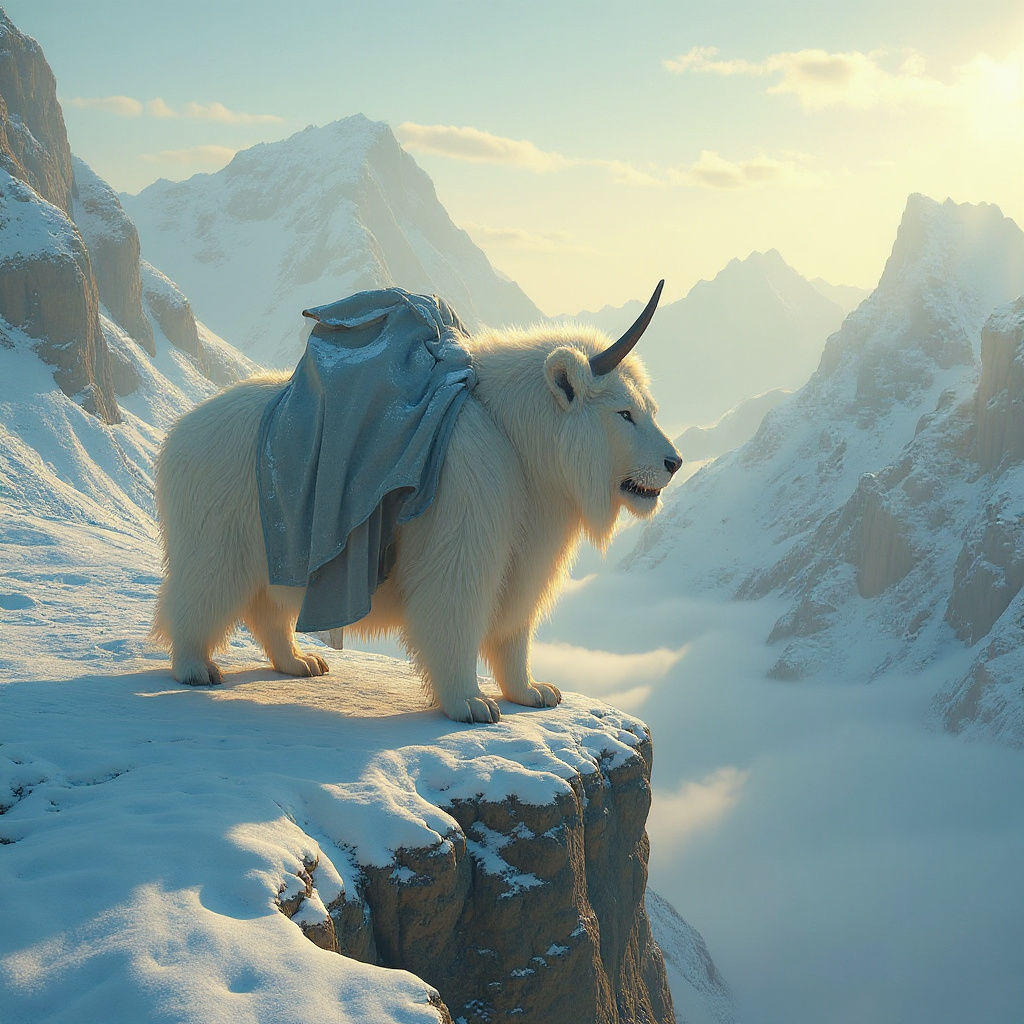 Snow Yak Descends Icy Precipice in Golden Light