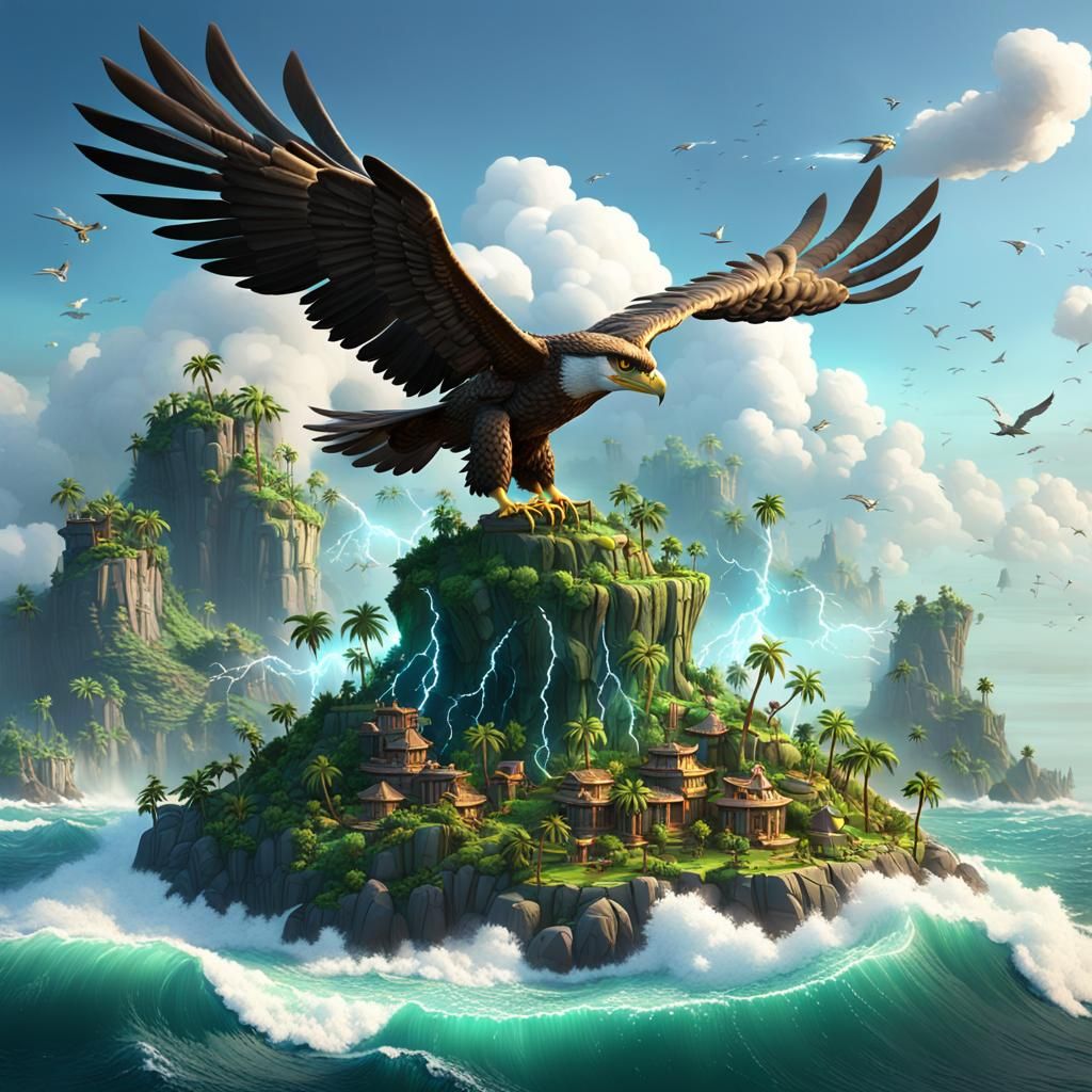 Lush Island with Golden Hawks Generating Lightning