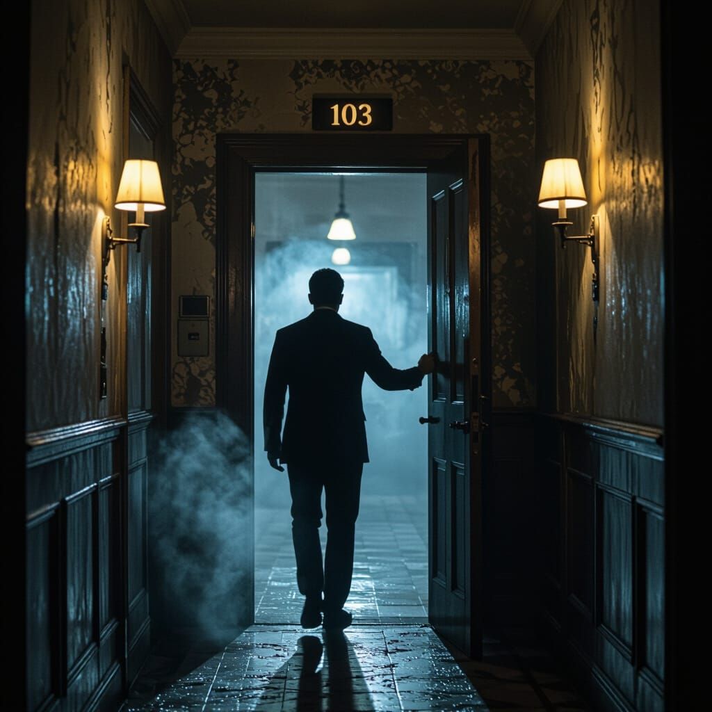 Eerie Hotel Hallway: Man Opens Door 103 in Horror Lighting