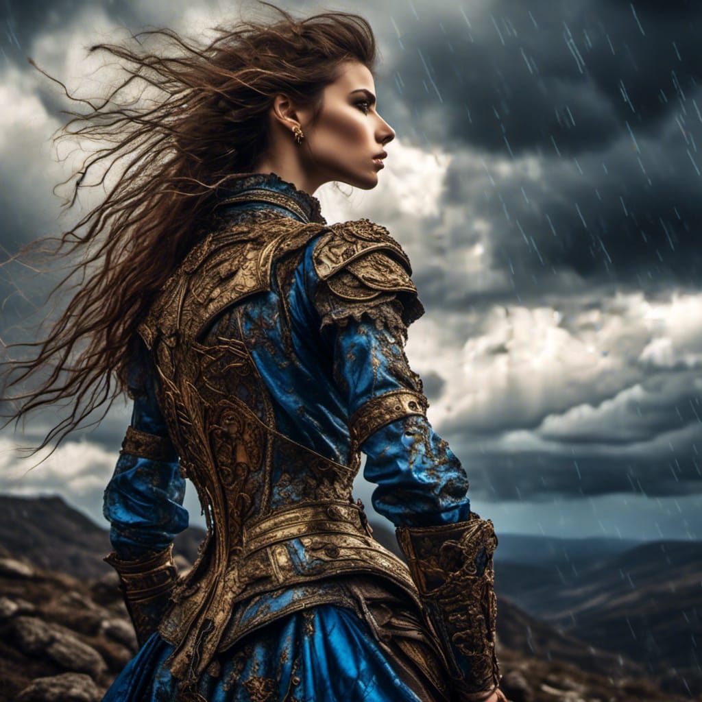 Brunette Warrior in Storm, Digital Art