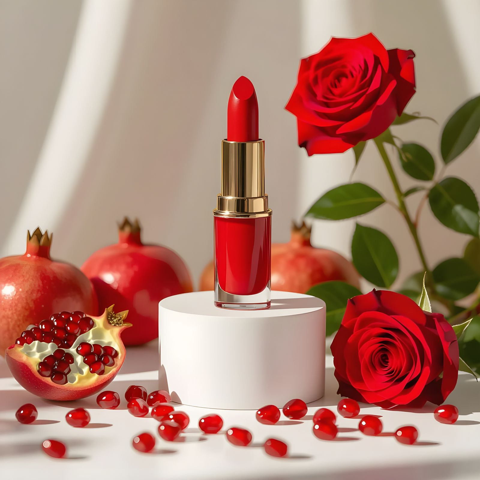 Red Lipstick Still Life with Pomegranates