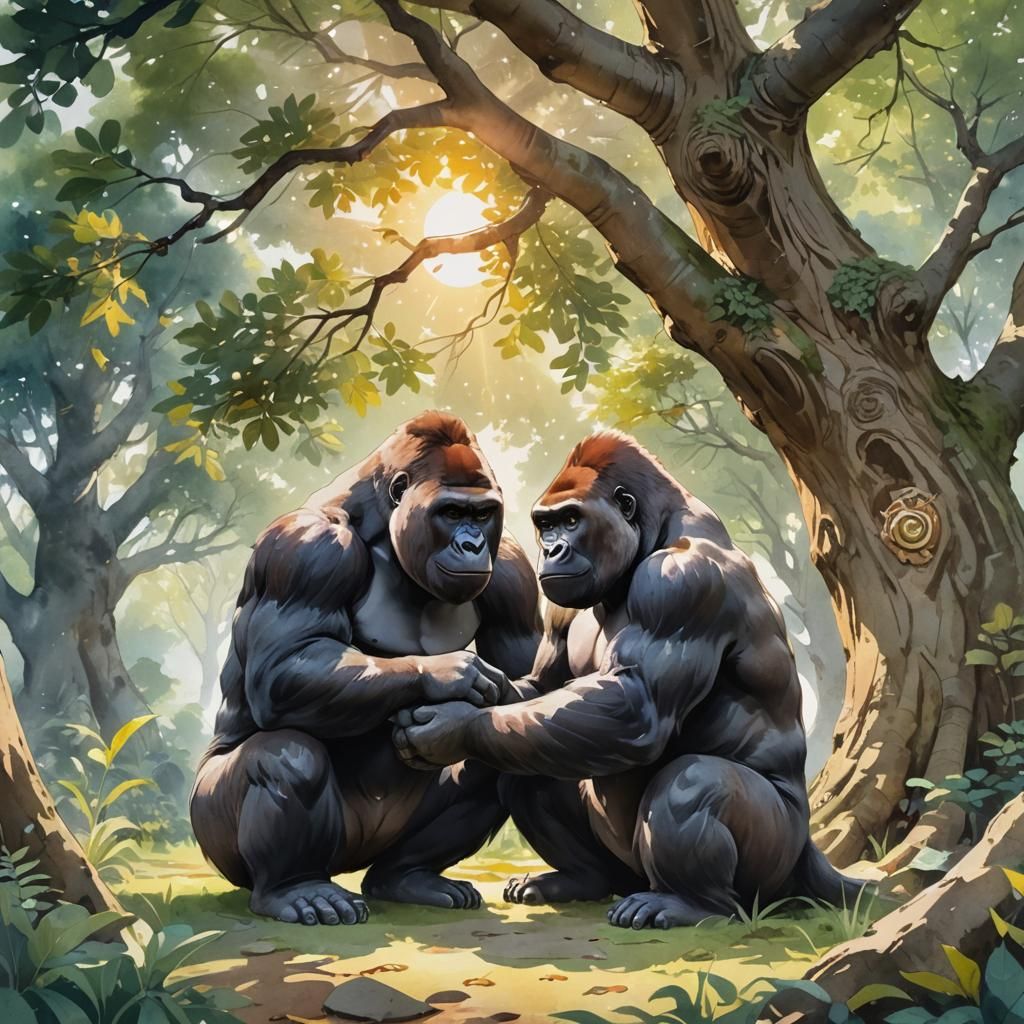 Gorilla Proposes Under Tree: 3D Anime Art