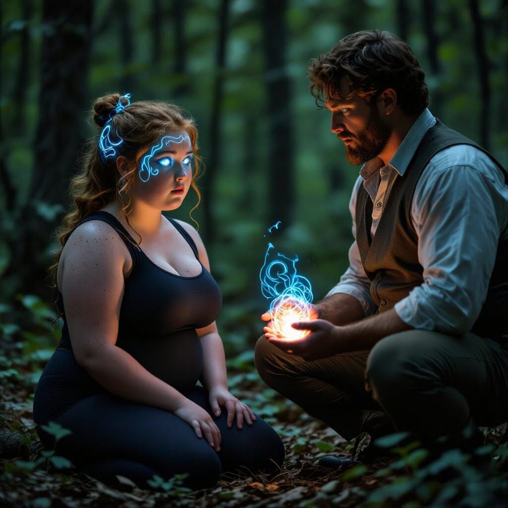 Girl Hypnotized in Forest with Glowing Crystal Pendant