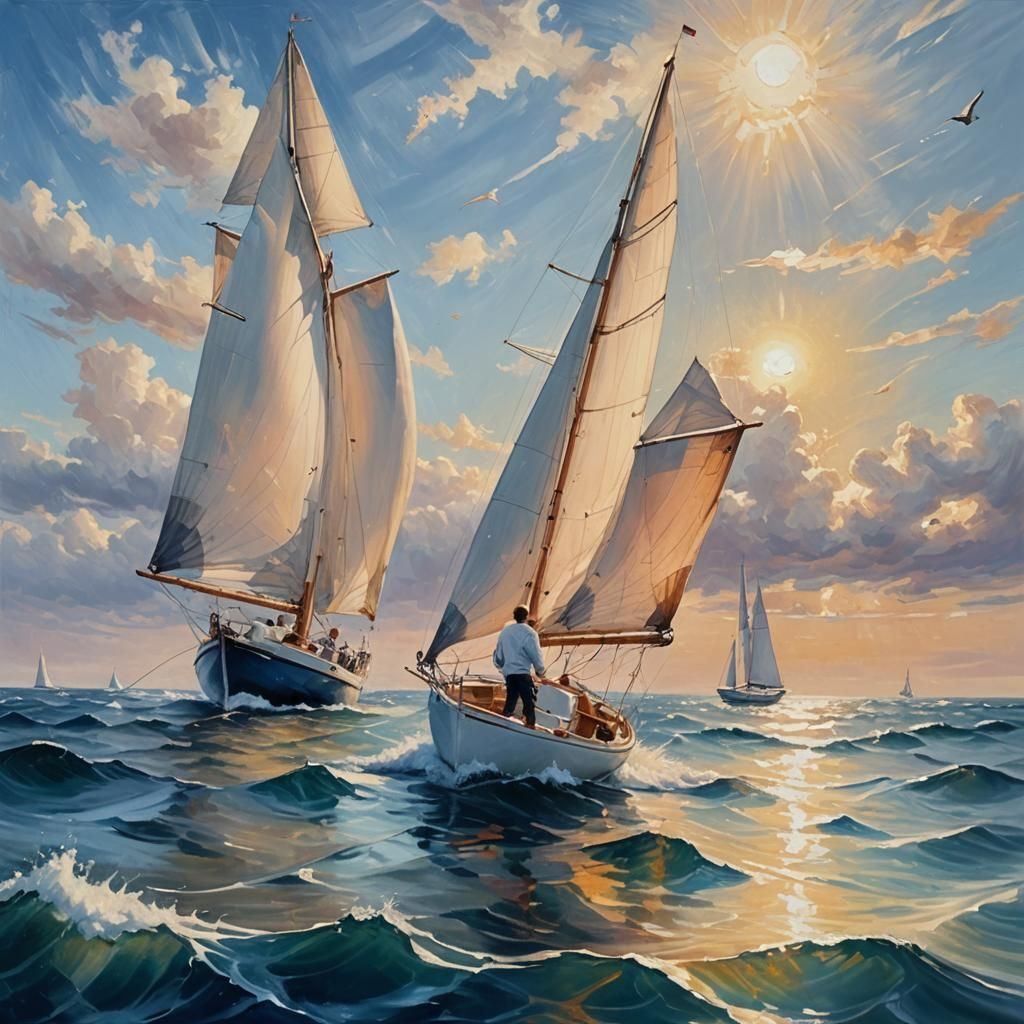 Sailor in Serene Sea: Vibrant Oil Painting