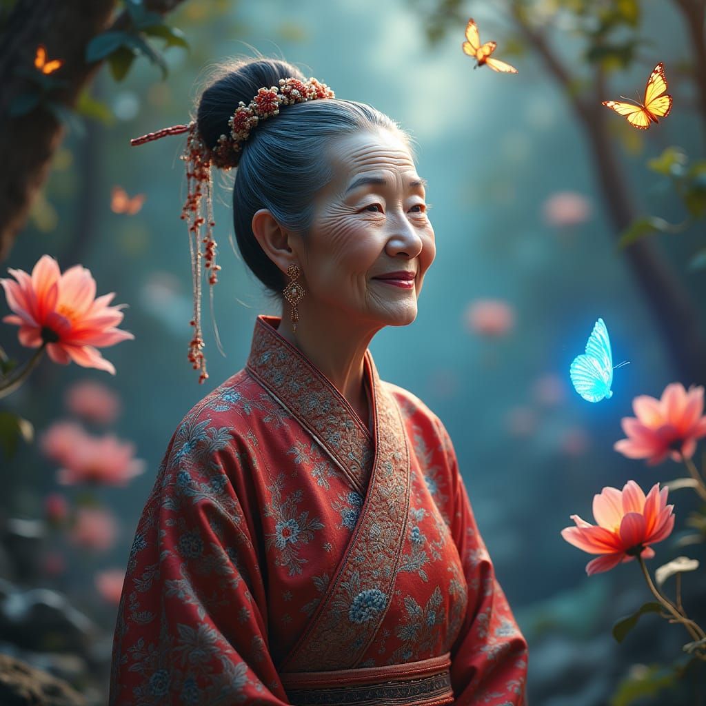 Cyberpunk Garden: Chinese Woman in Silk Robes