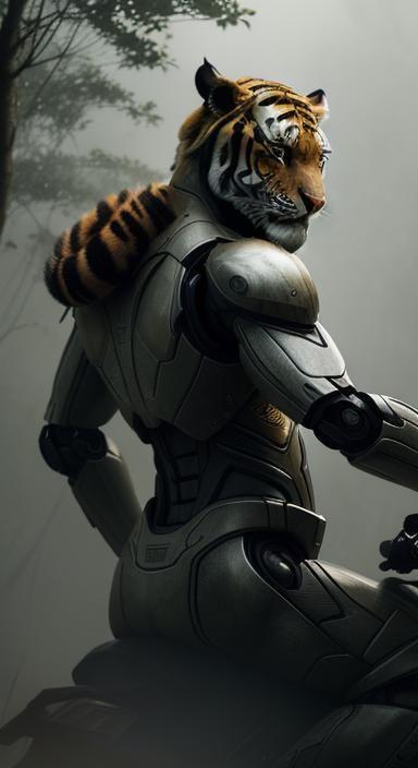 Robot Rider on Tiger in Jungle: Cinematic Realism