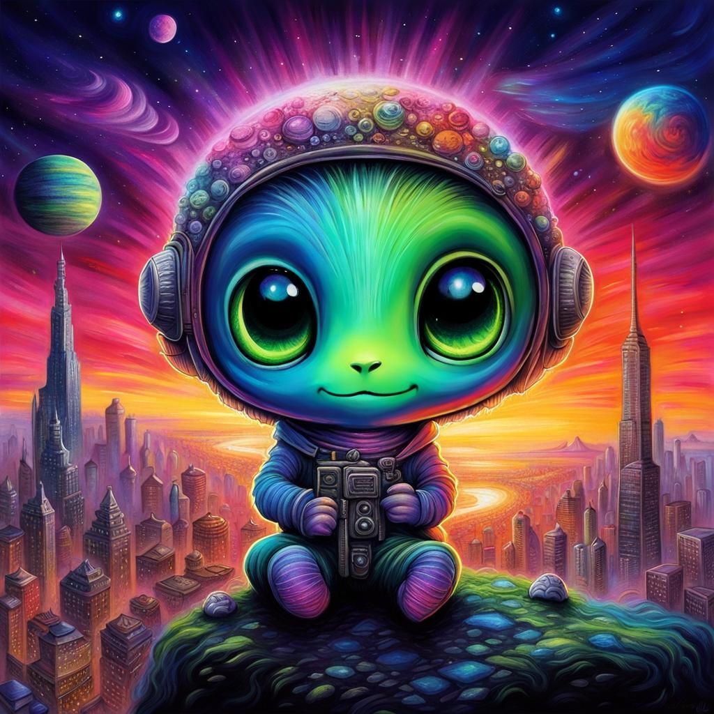 Enchanting Chibi Alien in Neon Chalk Fantasy