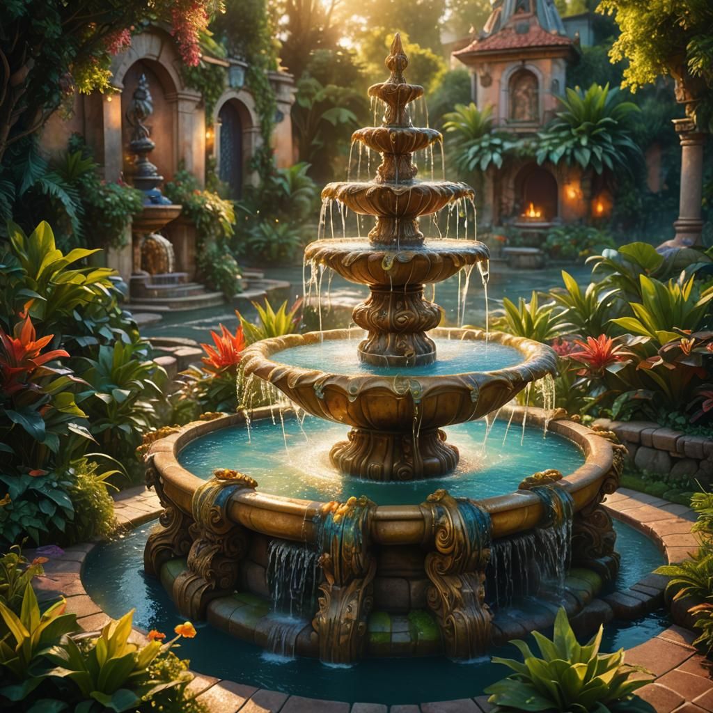 Vibrant Fountain in Mystical Fantasy Setting