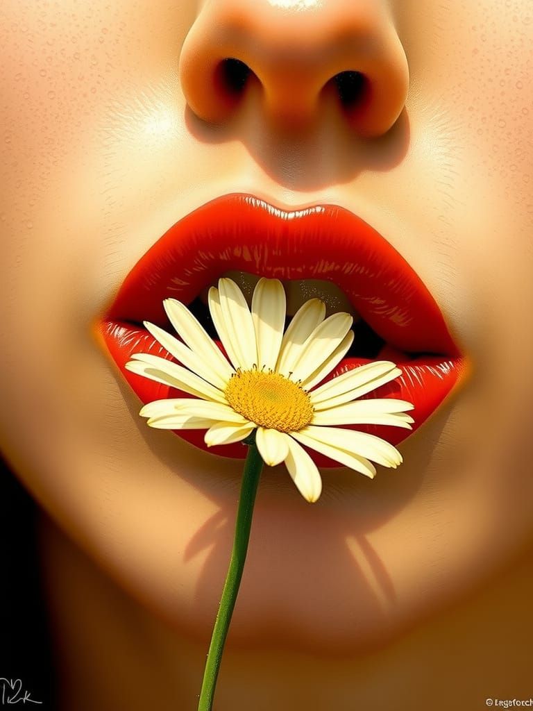 Romantic Lips and Daisy in Lush Pre-Raphaelite Style