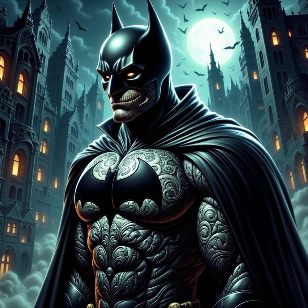 Mystical Batman in Shadowy Gotham, Gothic Art Nouveau Style