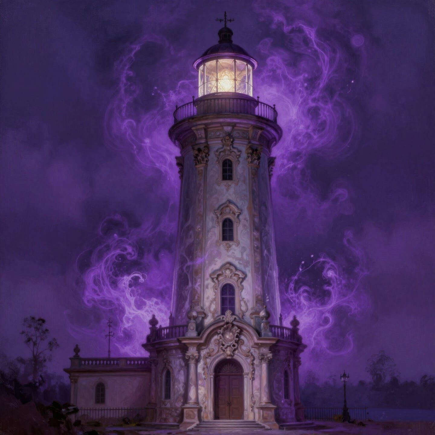 Baroque Lighthouse Bathed in Ethereal Purple Light