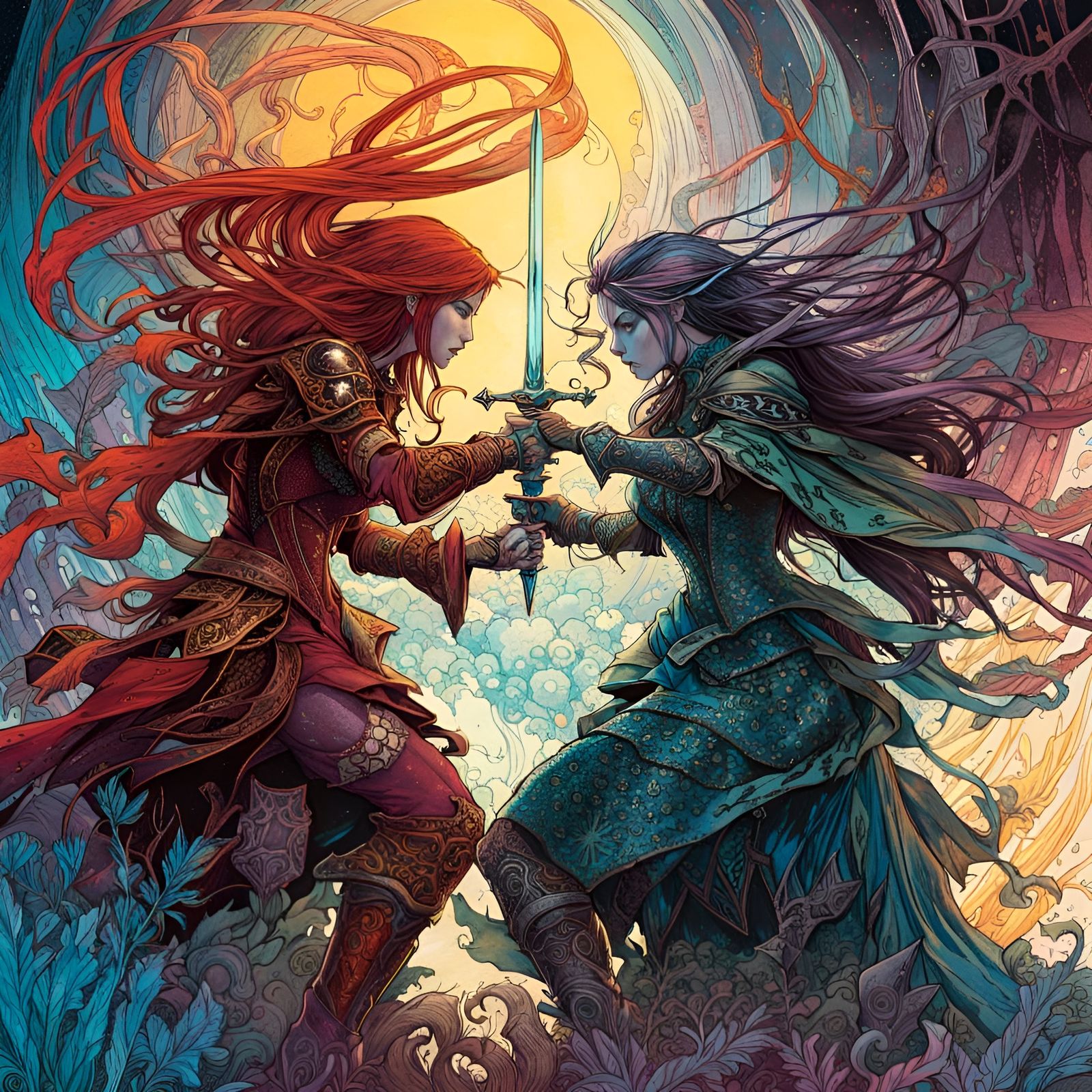 Armored Witches Duel with Glittering Auras