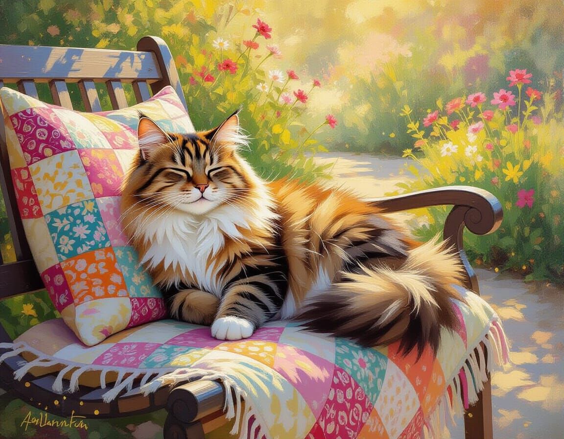 Fluffy Tabby Cat in Impressionistic Garden Scene