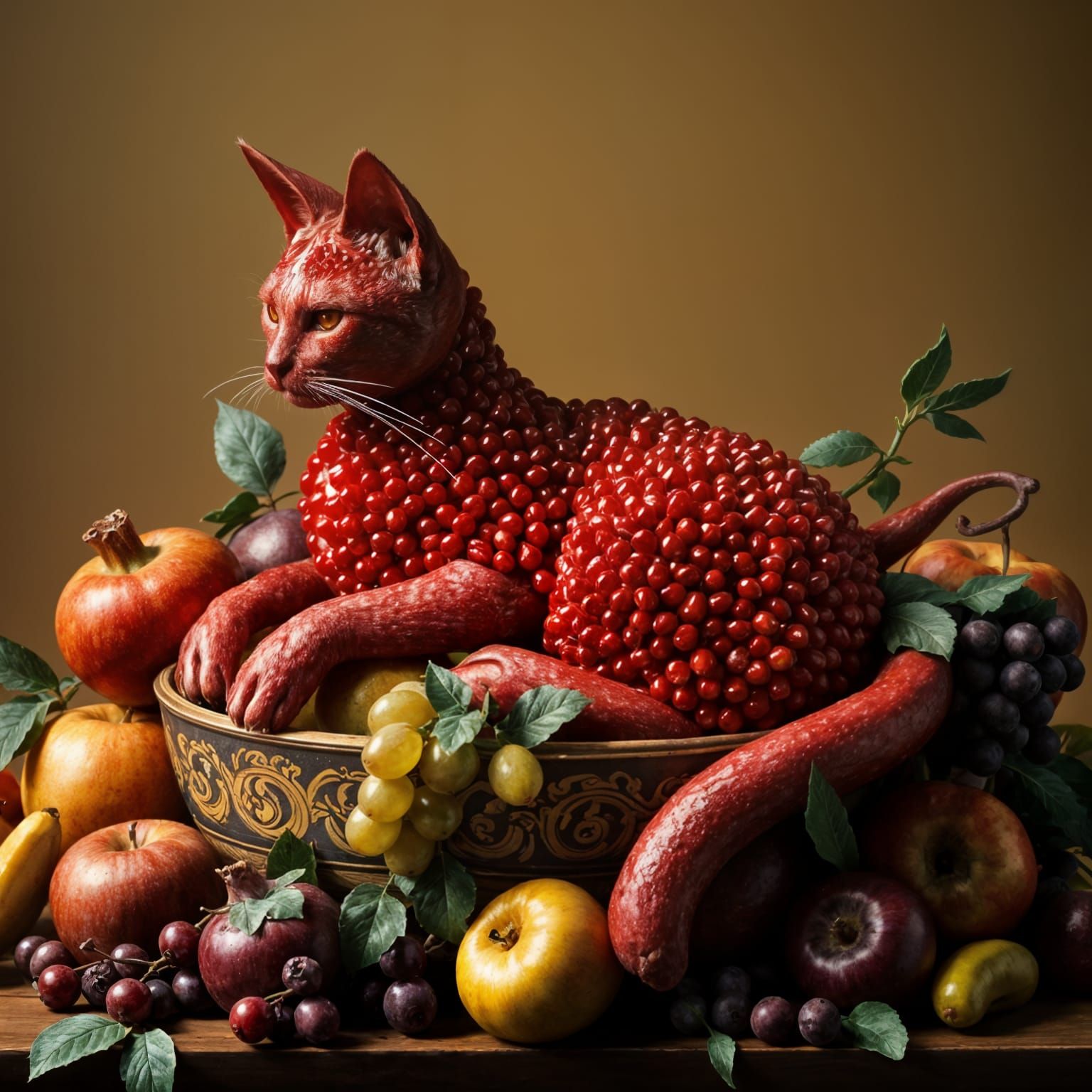 Whimsical Pomme Granate Cat in a Fruit Still Life