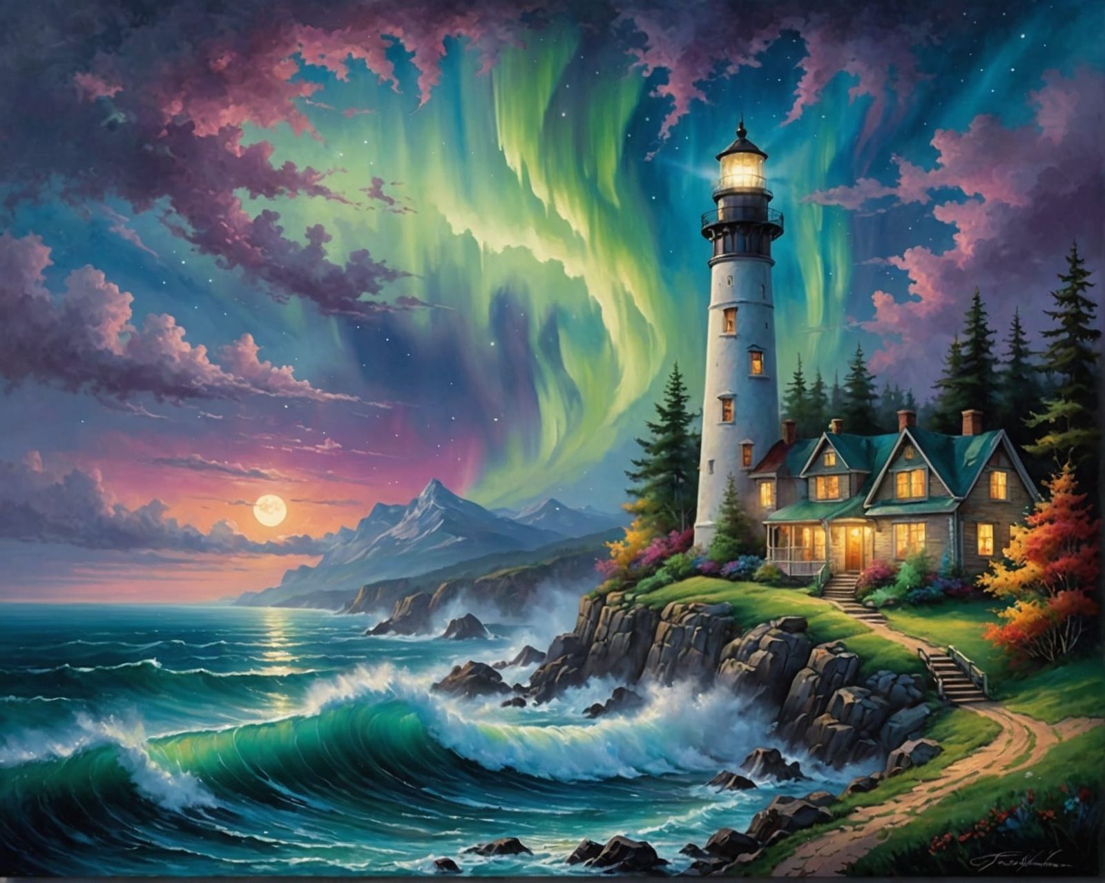 Lighthouse Aurora in Realistic Oil Painting Style