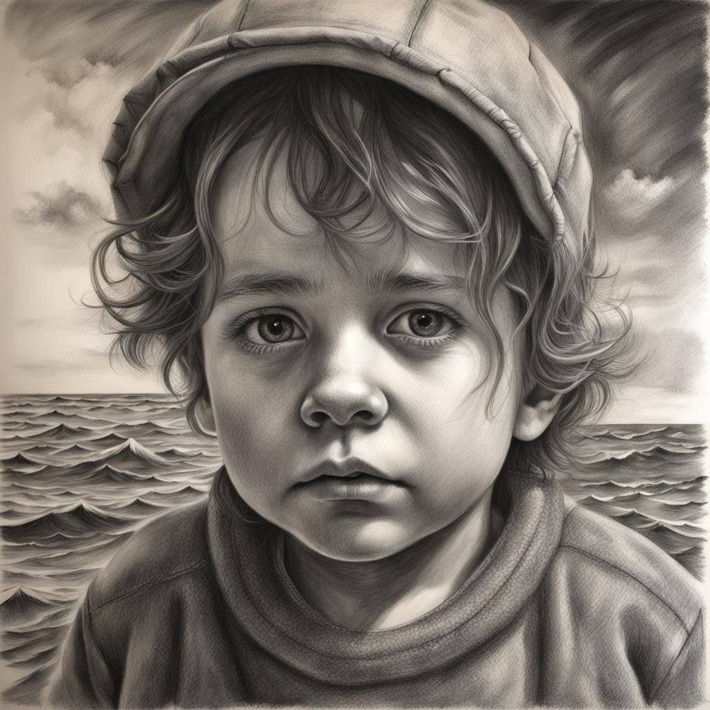 Hyperdetailed Charcoal Drawing of Boy by Sea