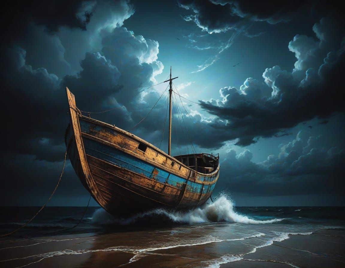 Weathered Boat in Turbulent Sky, in the Style of Surrealist ...