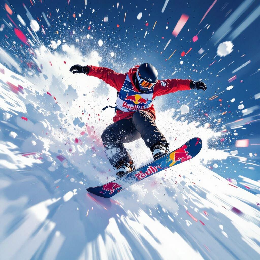 Snowboarder's Mid-Air Trick in Abstract Expressionism