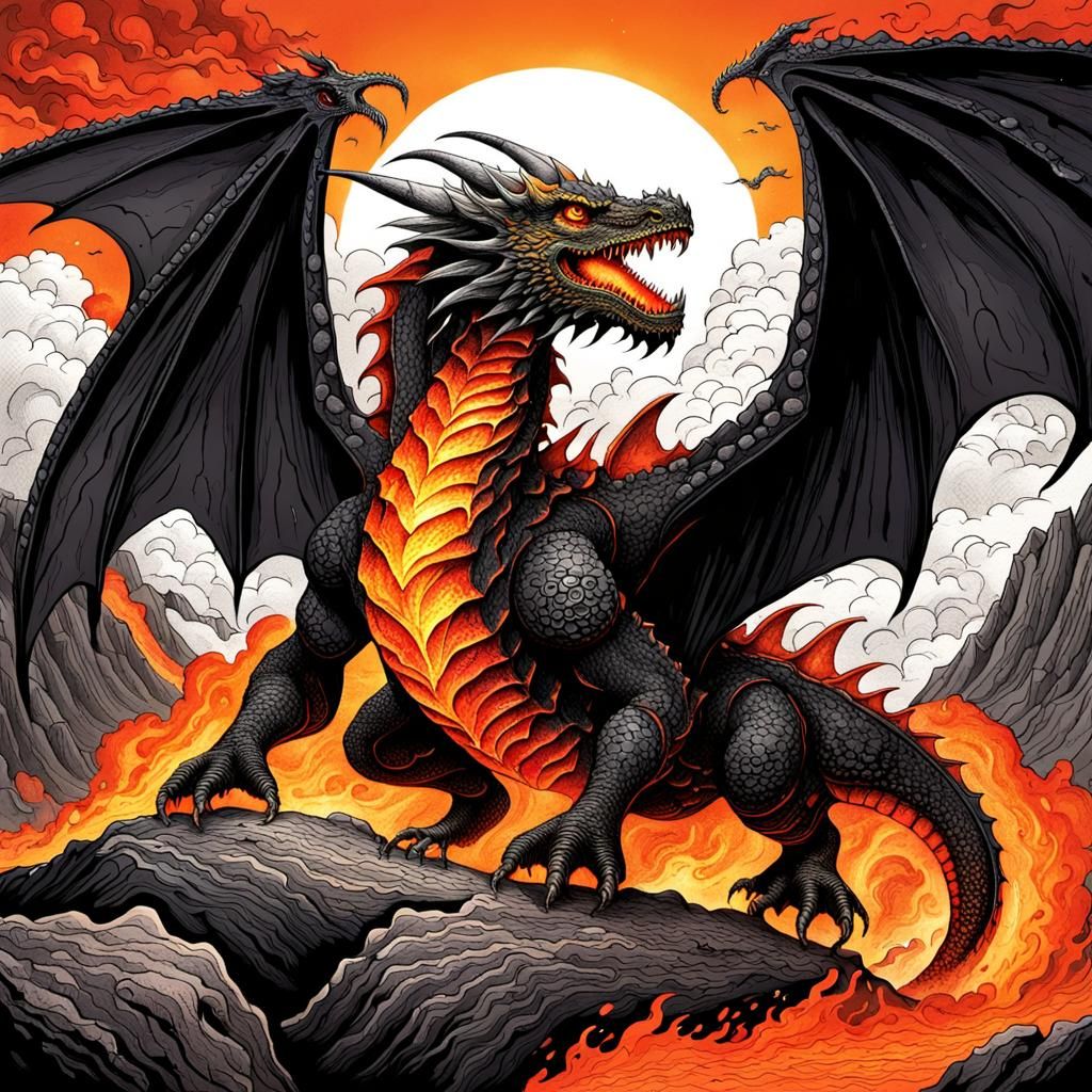 Lava Dragon Soaring Over Volcano in Black Ink