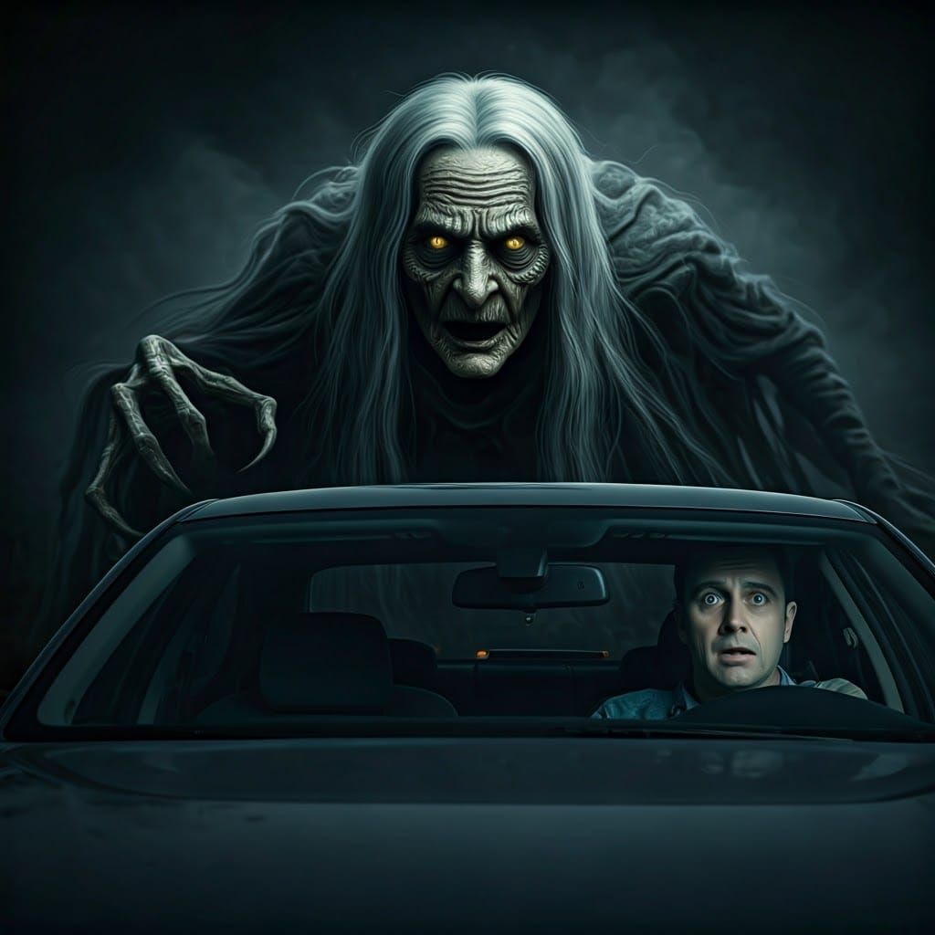 Dark Fantasy Hag Emerges from Rural Nighttime Shadows