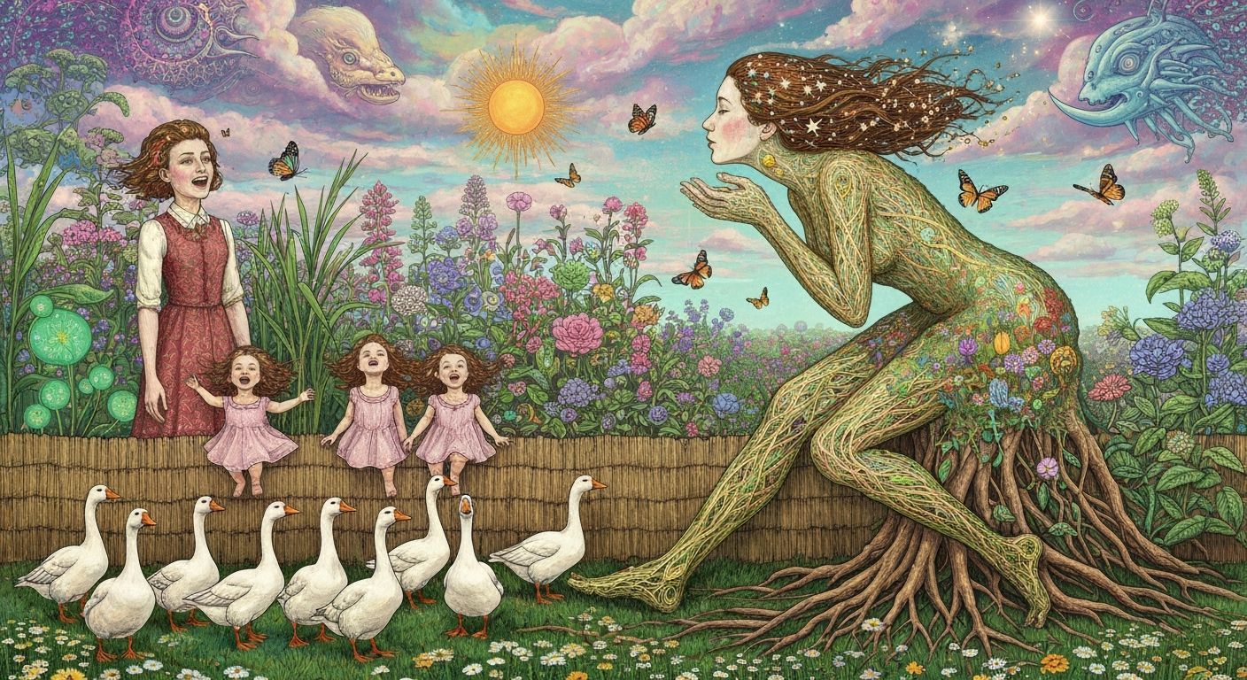 Folkloric Robot with Twins in Surreal Eco-Art Garden