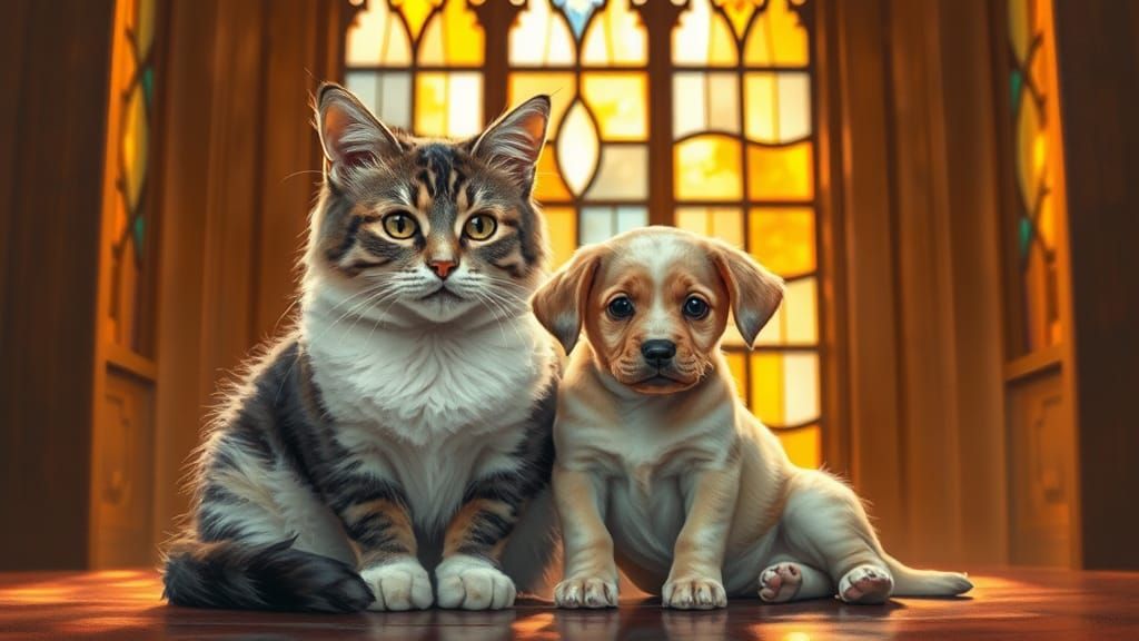 Cat and Puppy in Stained Glass Chapel