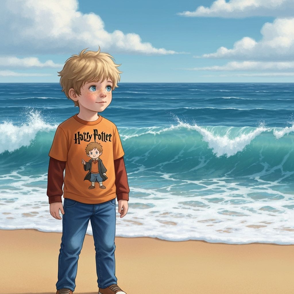 Boy on Beach in Classic Illustration Style