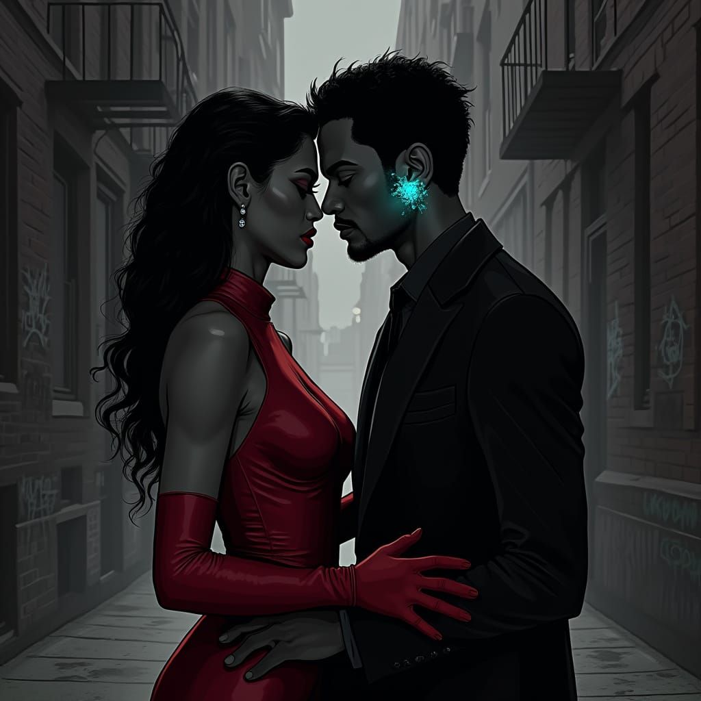 Elegant Figures in Harlem Alley, Afrofuturist Noir Style