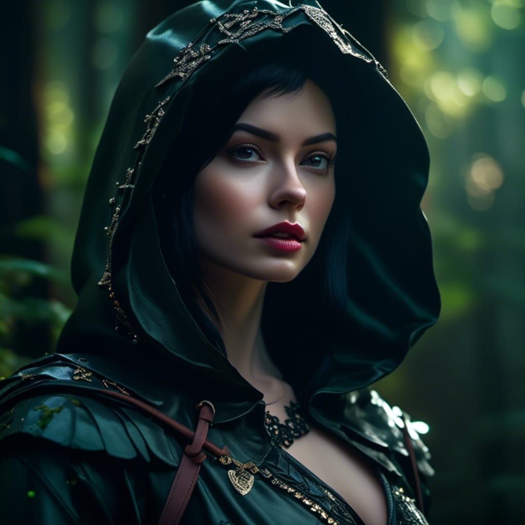 Gothic Female Robin Hood in Dark Forest