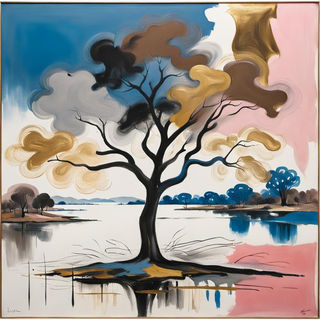 Abstract Tree by Water in De Kooning Style