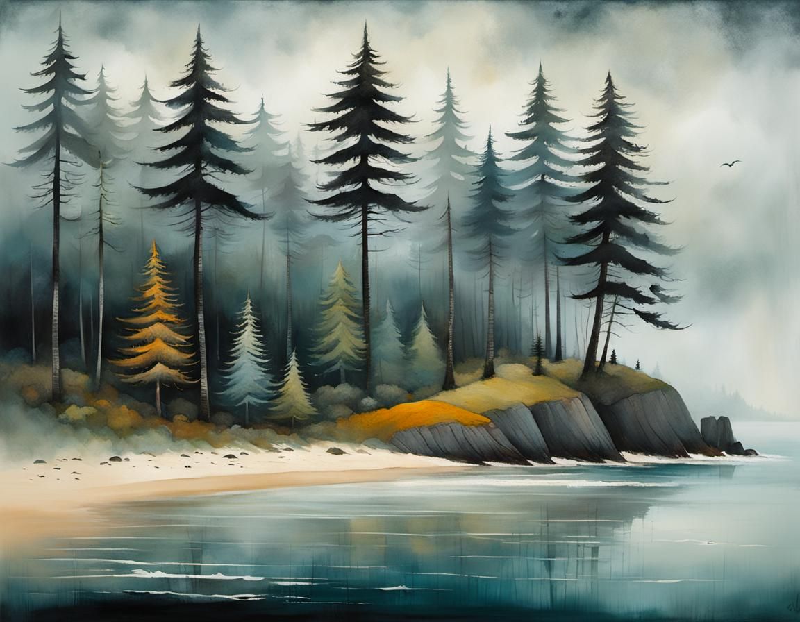 Magical Foggy Beach Illustration with Dark Fir Trees
