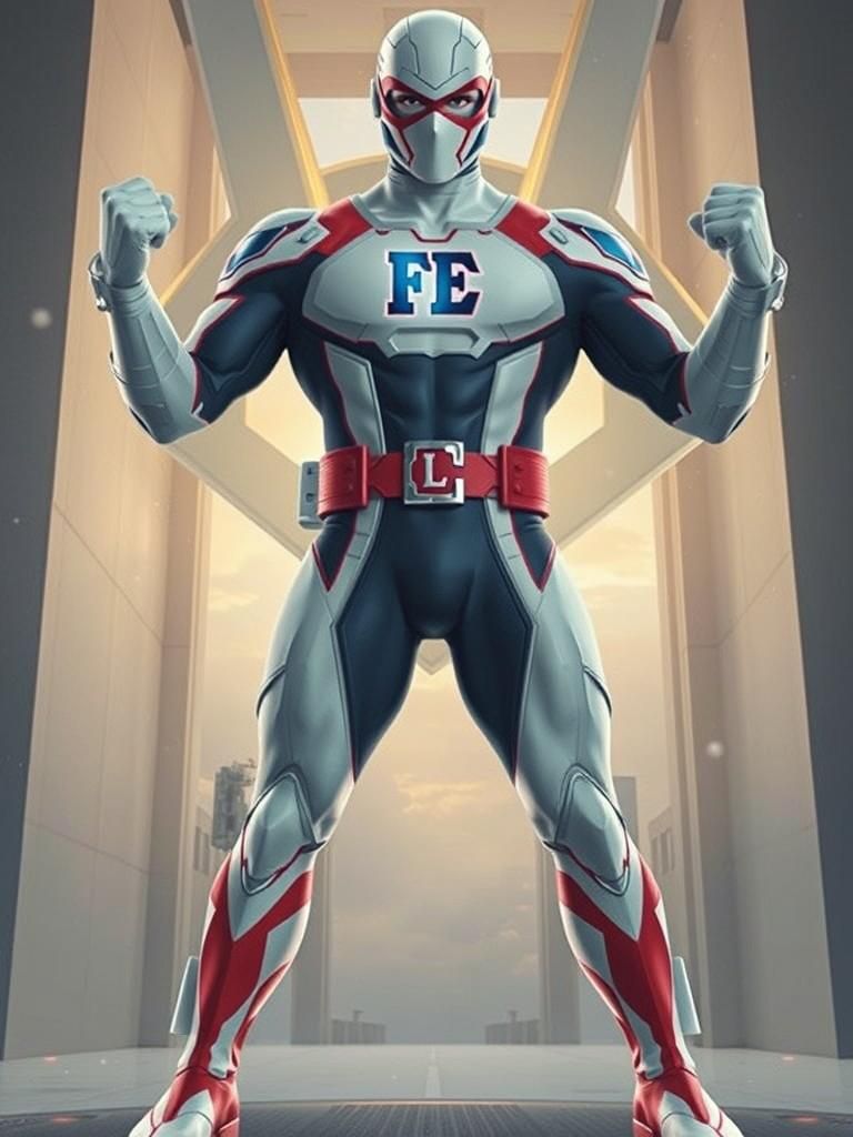 Ferro Lad stands heroically with feet shoulder-width apart, fists clenched, and chest out, wearing his iconic white and ...