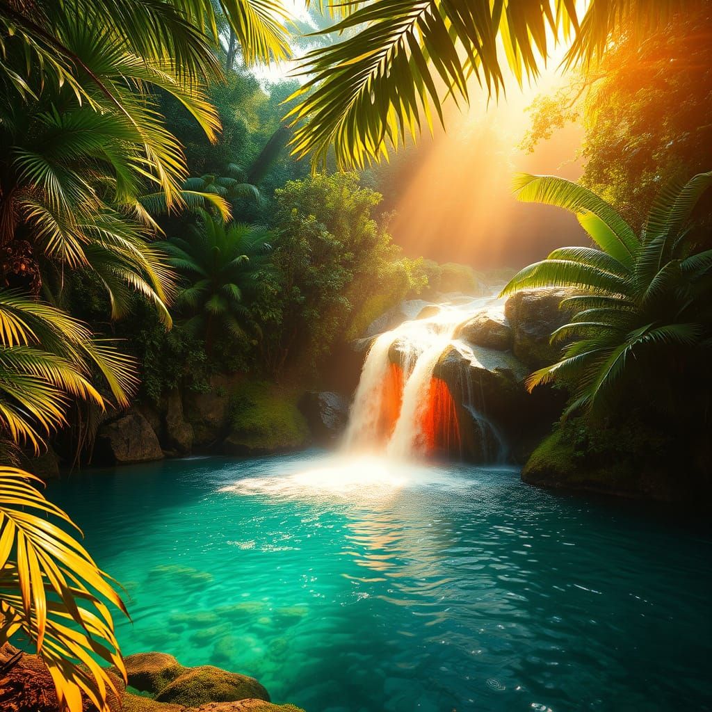 Tropical Lush Oasis with Fiery Water Springs