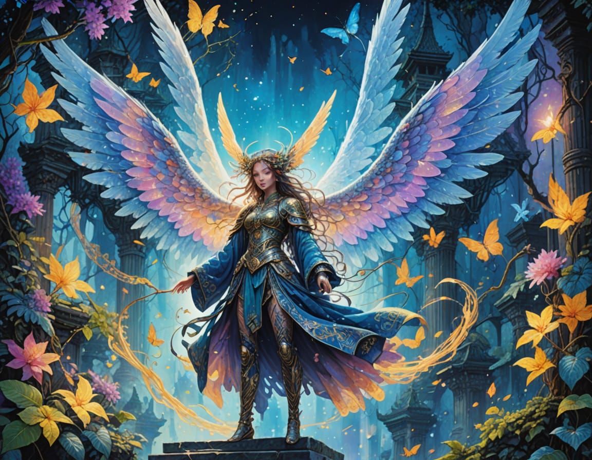 Fantasy Angel with Tribal Tattoos in Pointillism Style