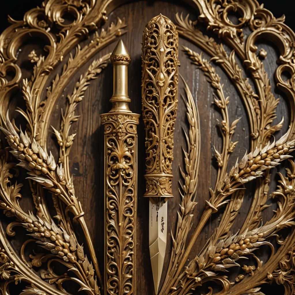 Gilded Switchblade Adorned with Wheat and Bread Motifs in Or...
