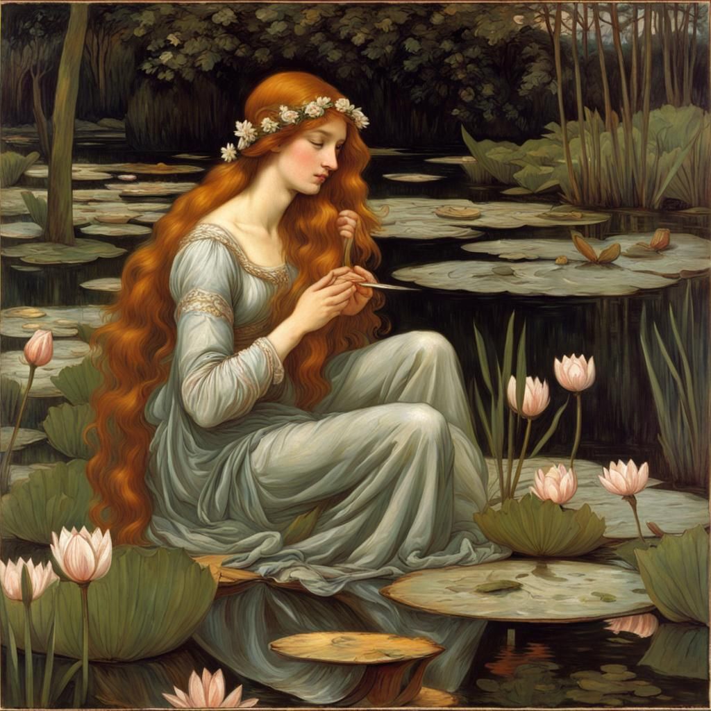 Nymph Reading Book in Water: Pre-Raphaelite Style
