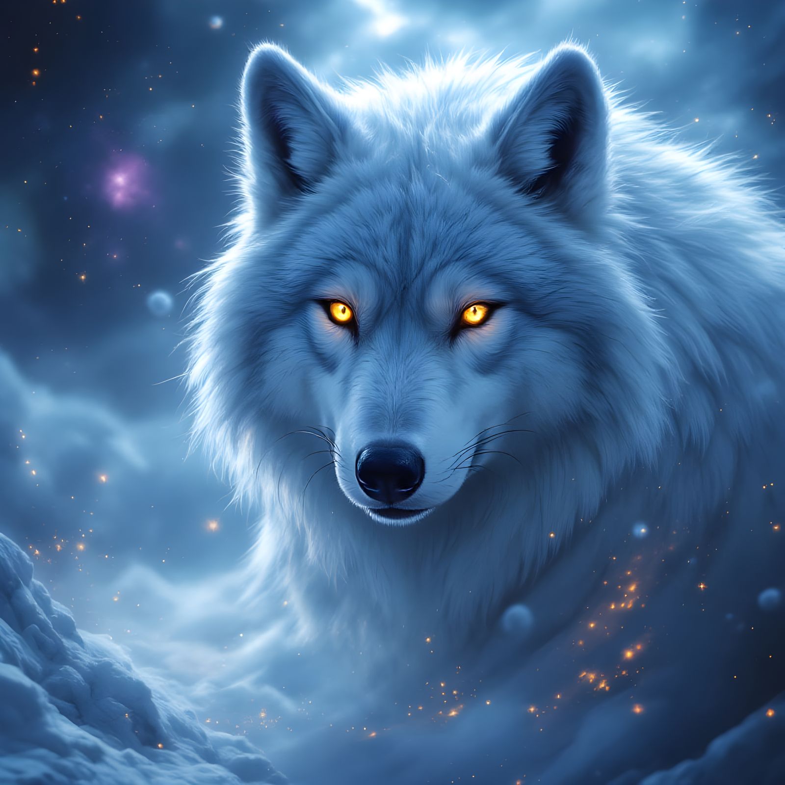 Snow Wolf Portrait in Space with Nebula