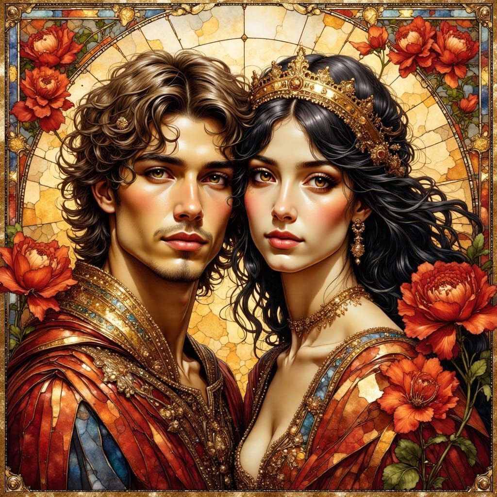 Fantasy Lovers in Vivid Stained-Glass Style